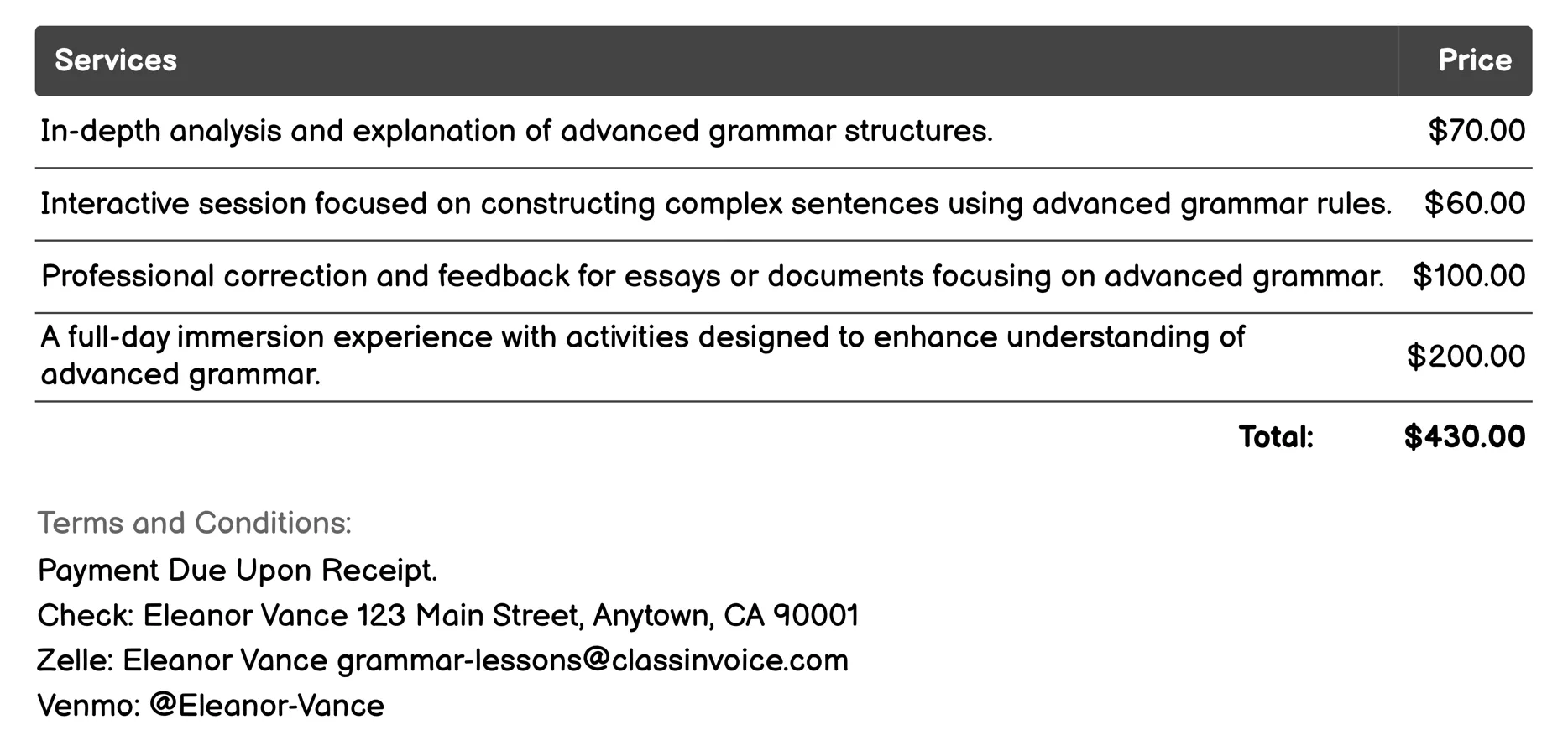 Advanced Grammar Invoice Example