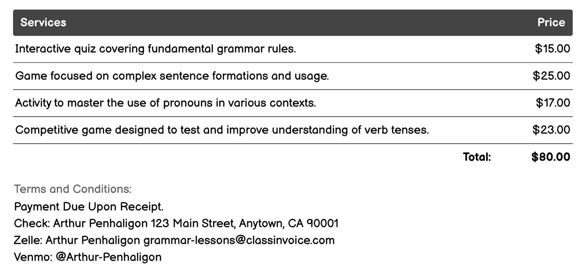 Grammar Games Invoice Example