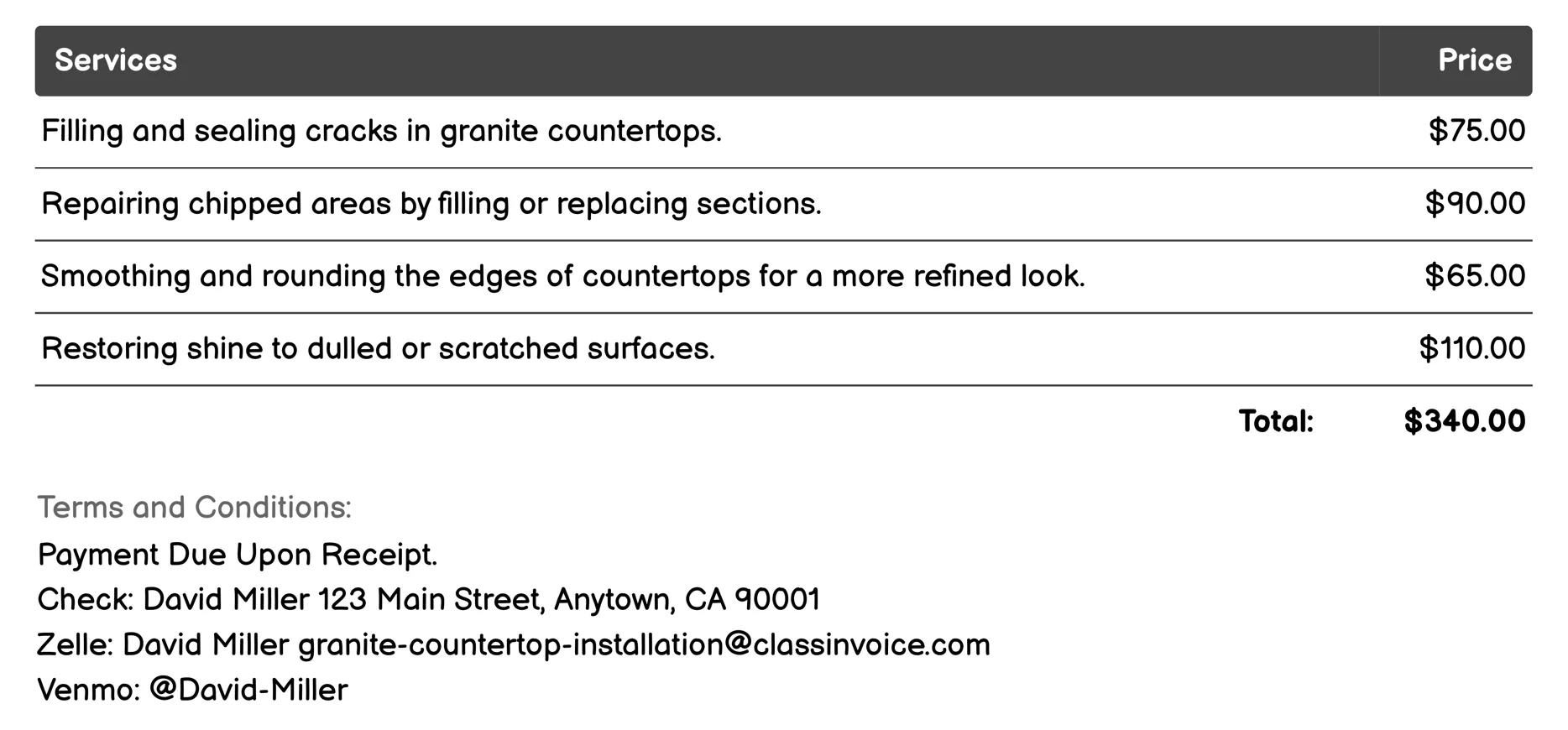 Granite Countertop Repairs Invoice Example