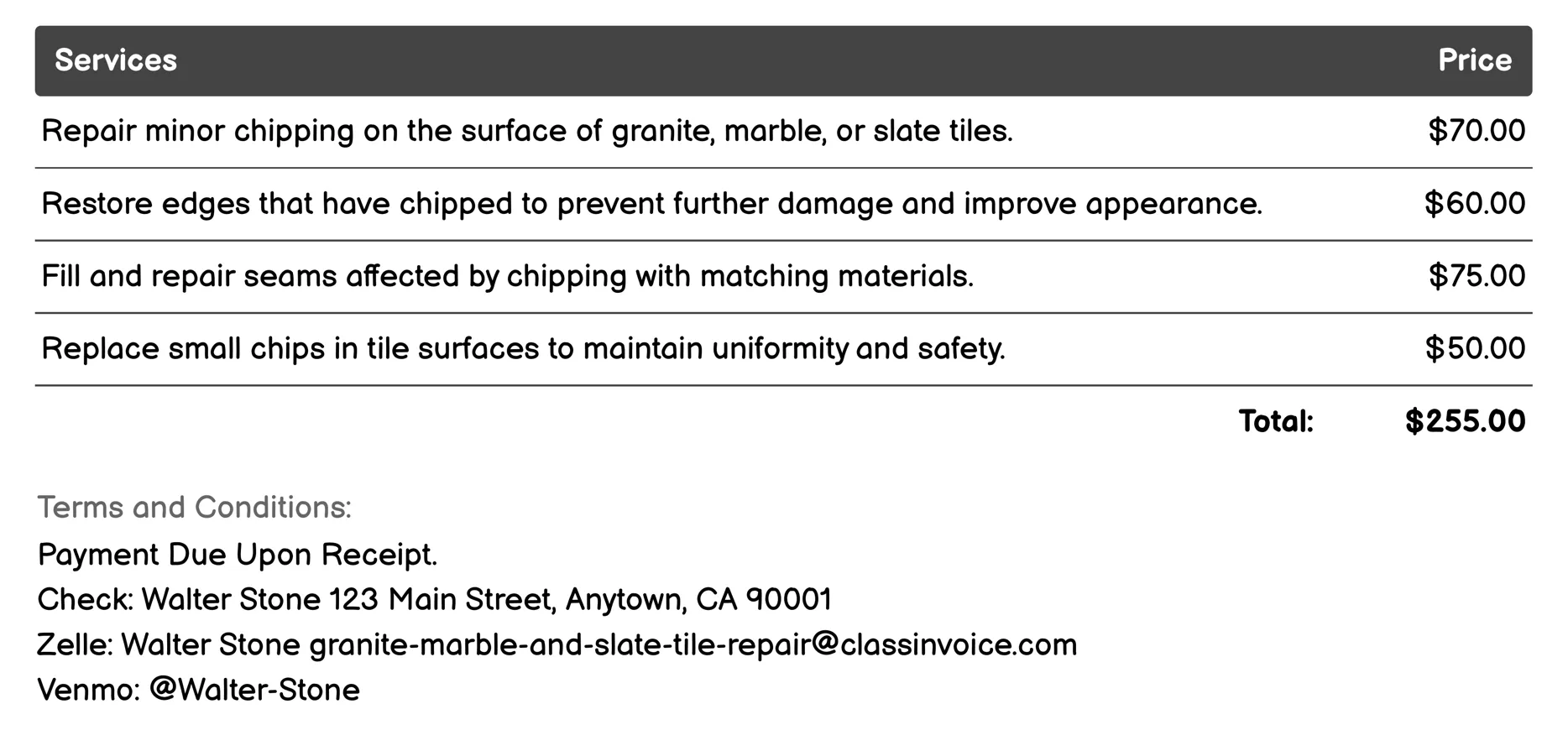 Chipping Repair Invoice Example