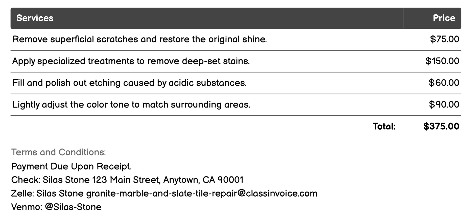 Color Restoration Invoice Example