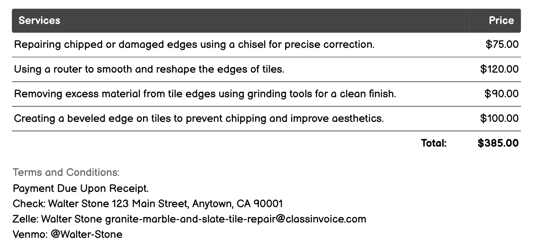 Edge Repair Invoice Example