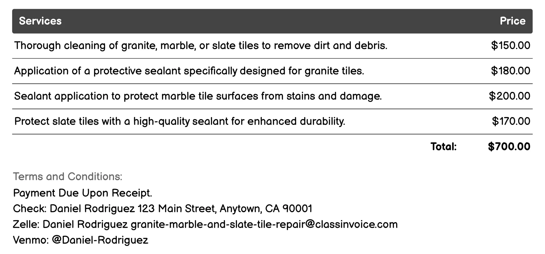 Sealing Services Invoice Example