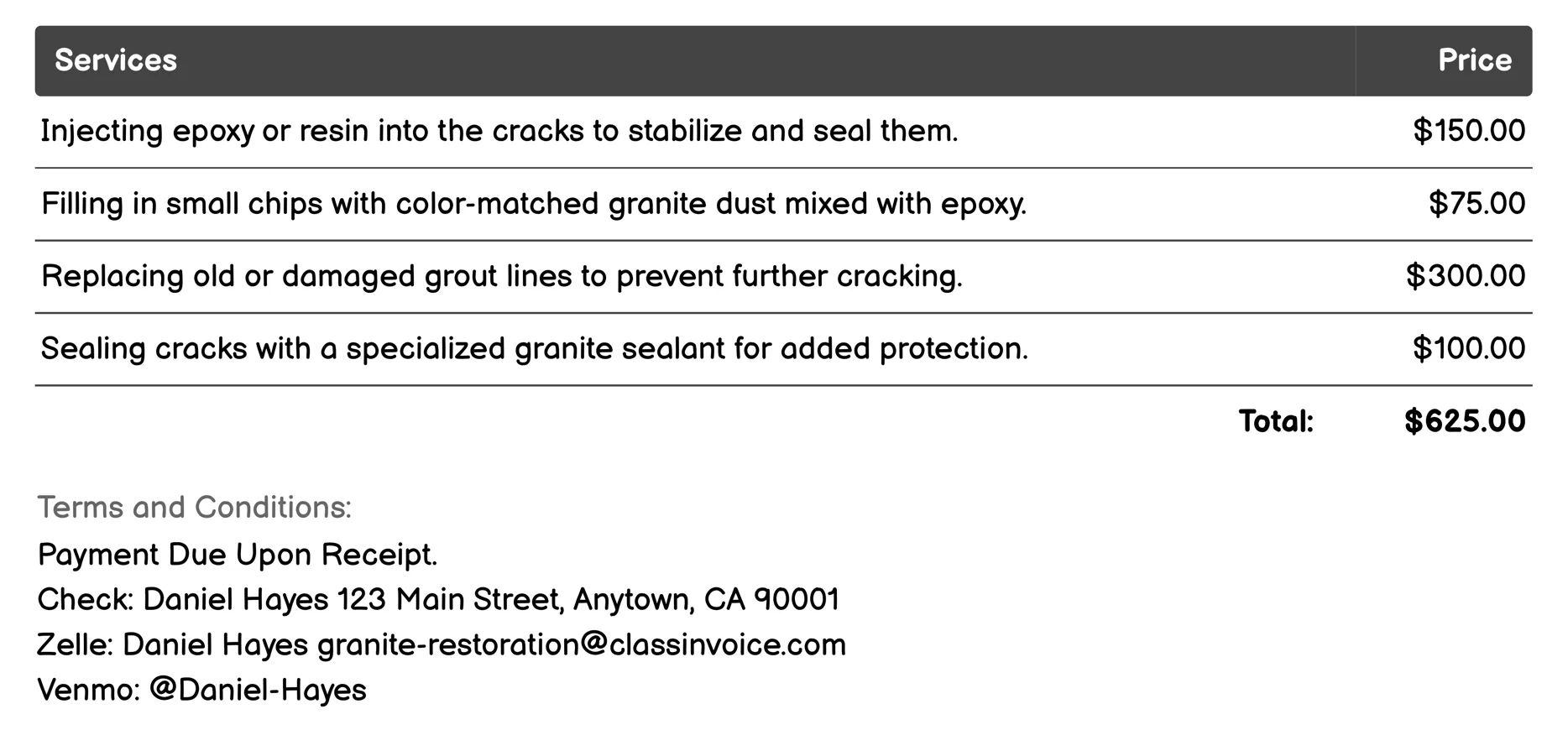 Repairing Cracks Invoice Example