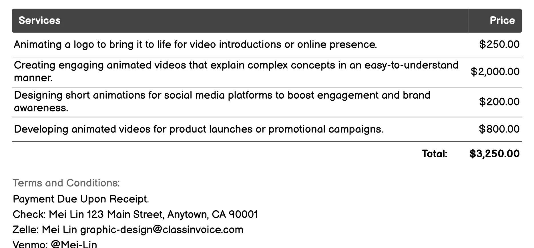 Motion Graphics & Animation Invoice Example