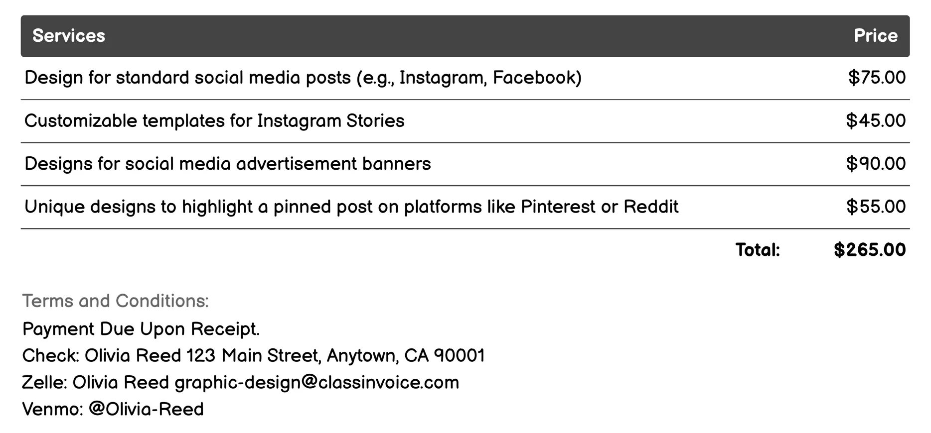 Social Media Graphics Invoice Example