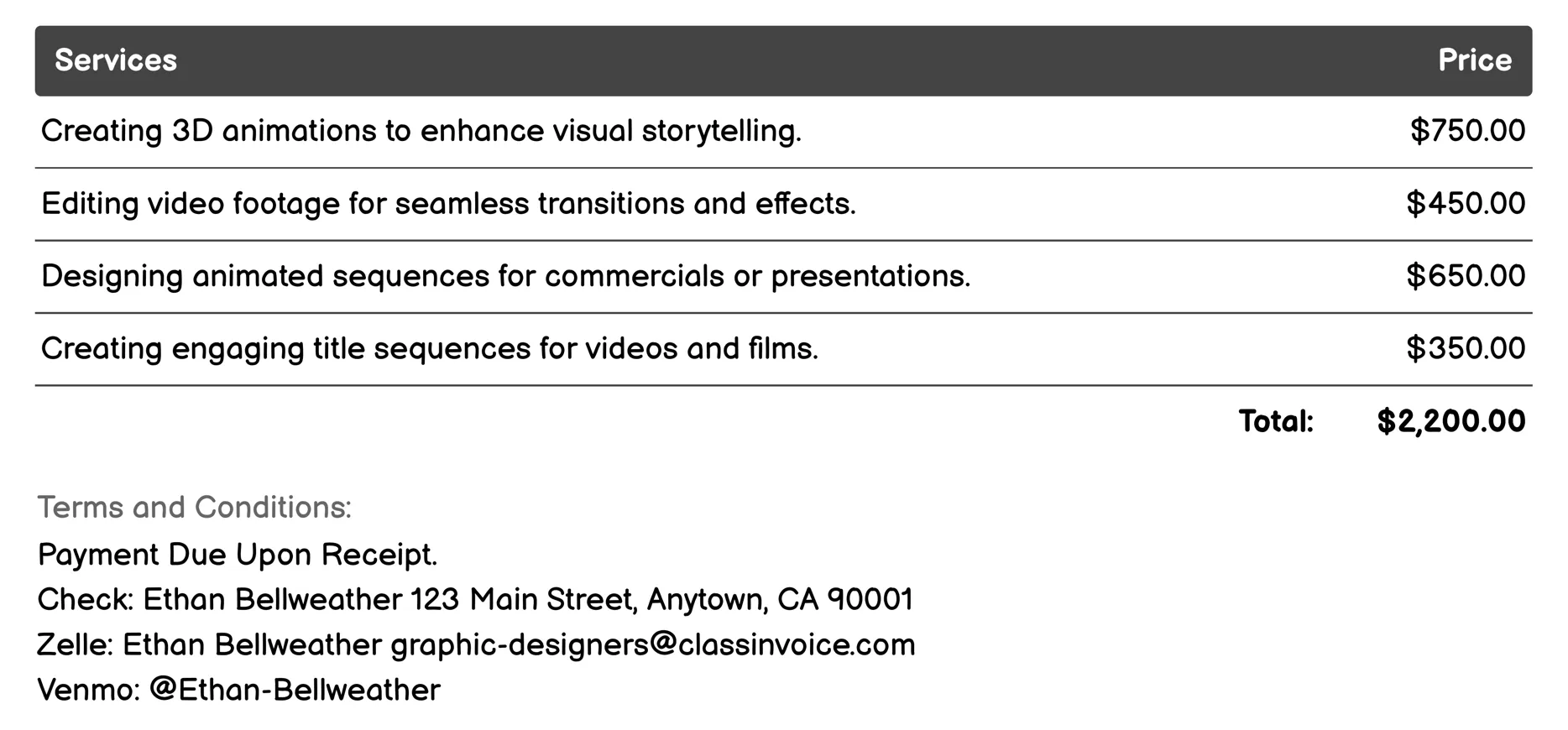 Motion Graphics Invoice Example
