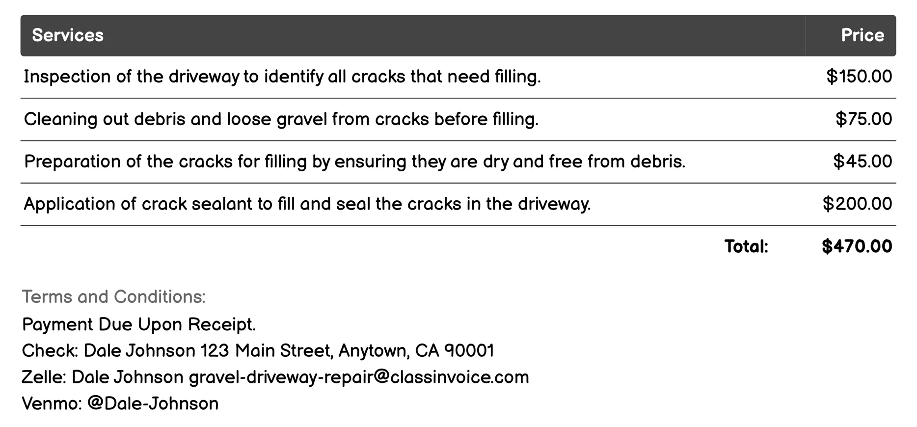 Crack Filling Invoice Example