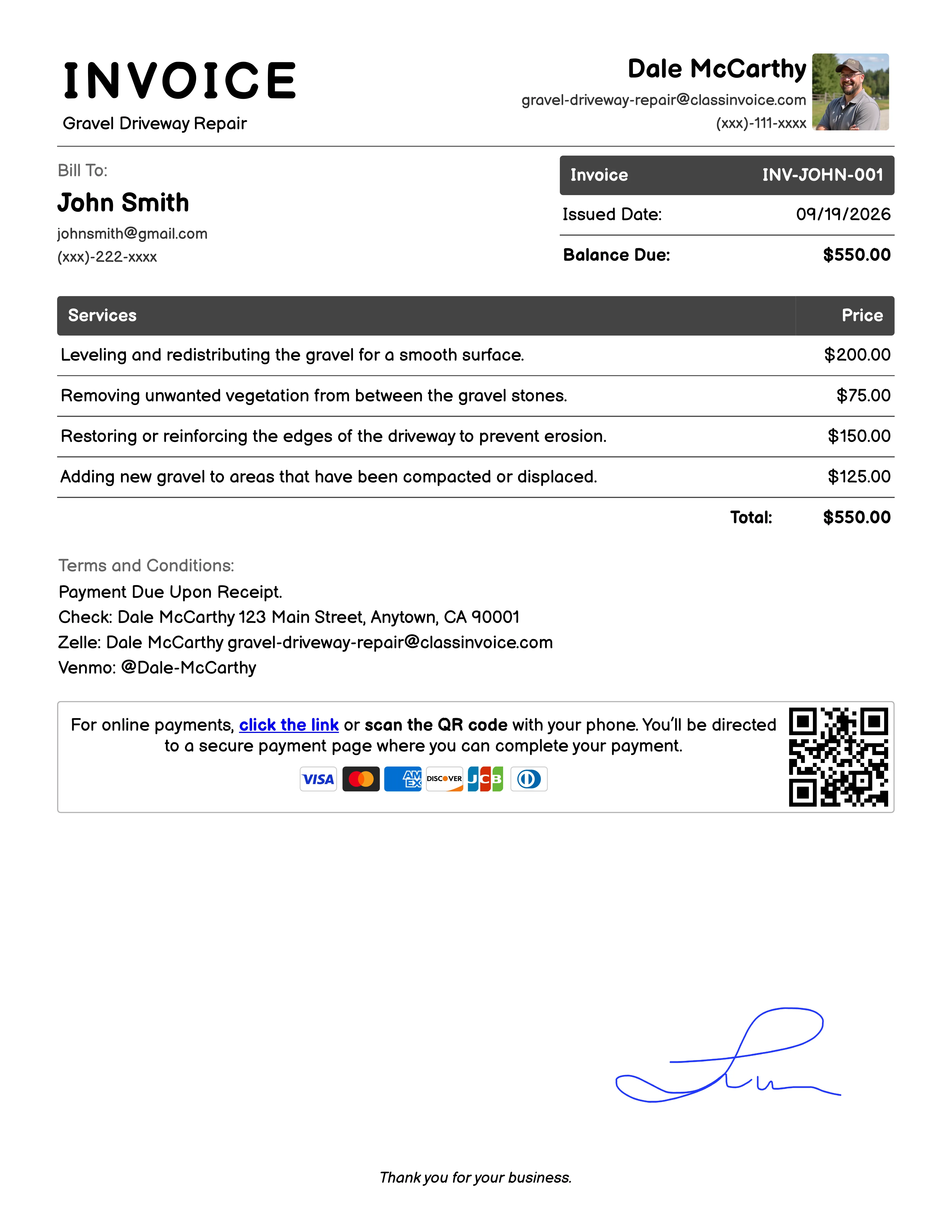 Gravel Driveway Repair Invoice Example