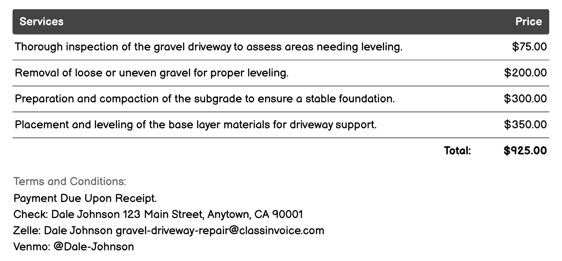 Leveling Invoice Example
