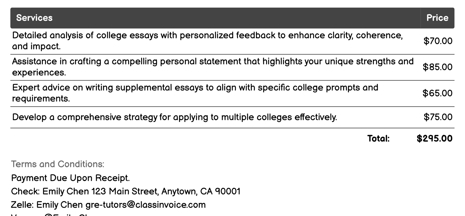 College Application Assistance Invoice Example