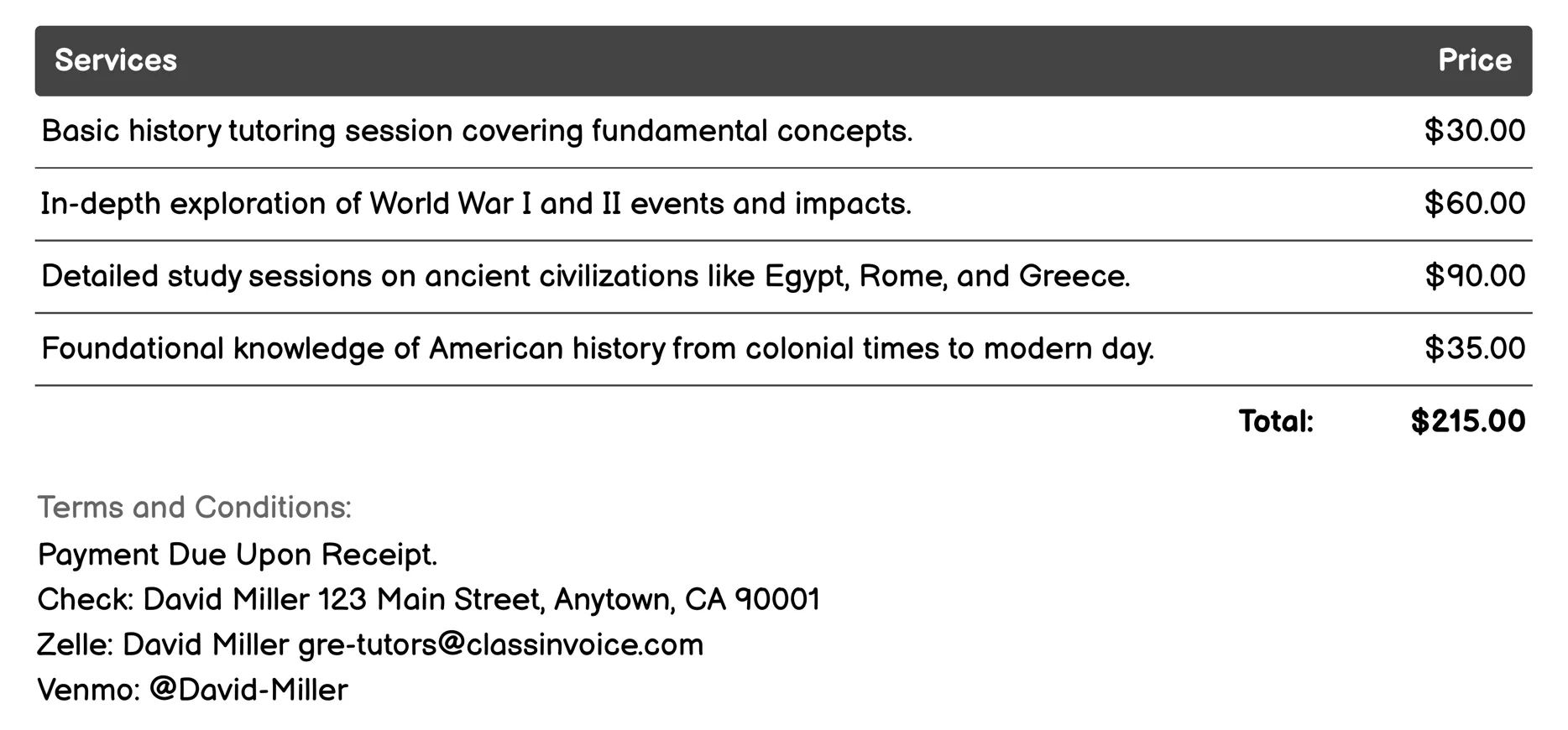 History Tutoring Invoice Example