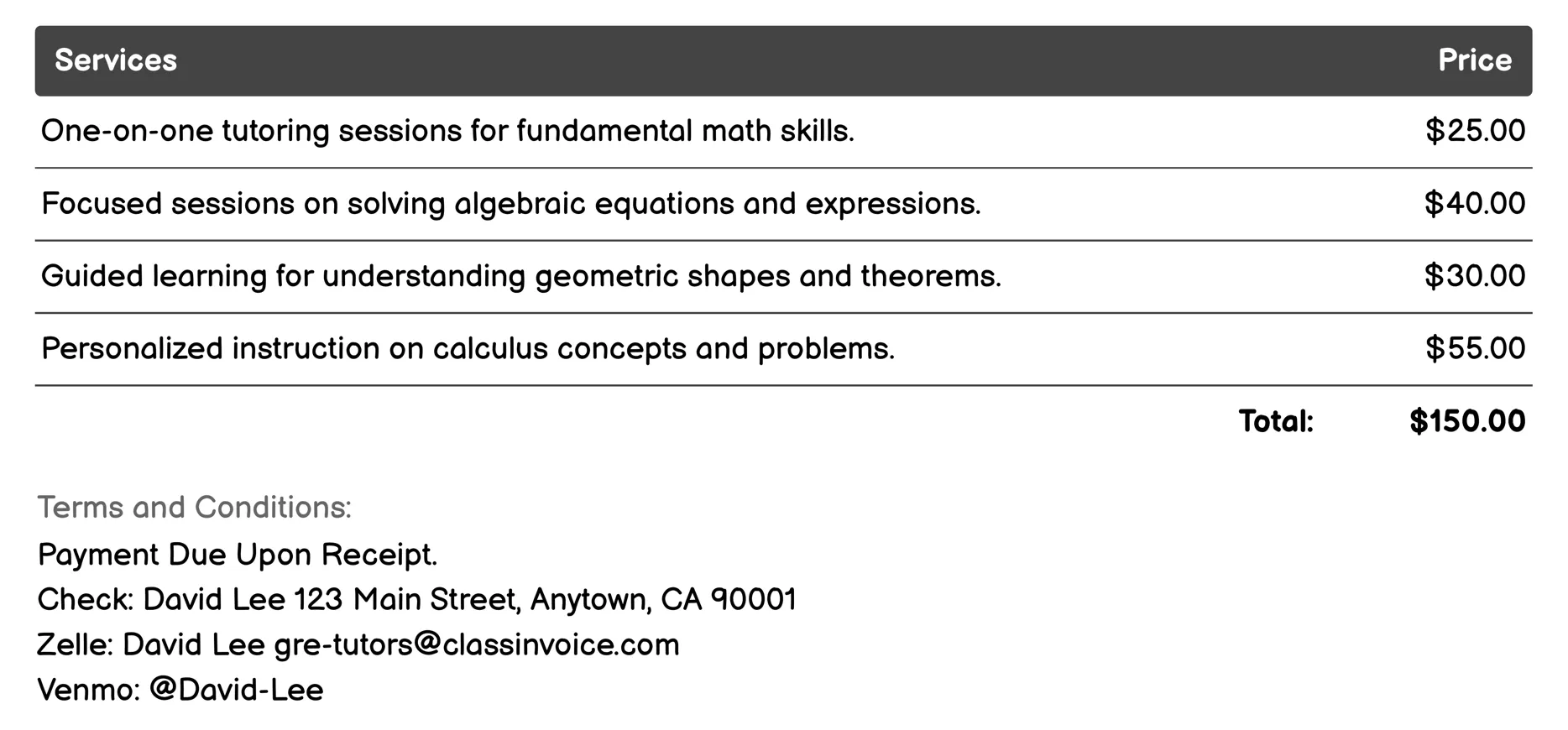 Math Tutoring Invoice Example