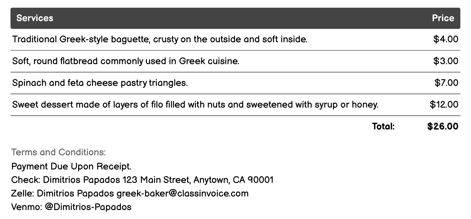 Online Orders Invoice Example