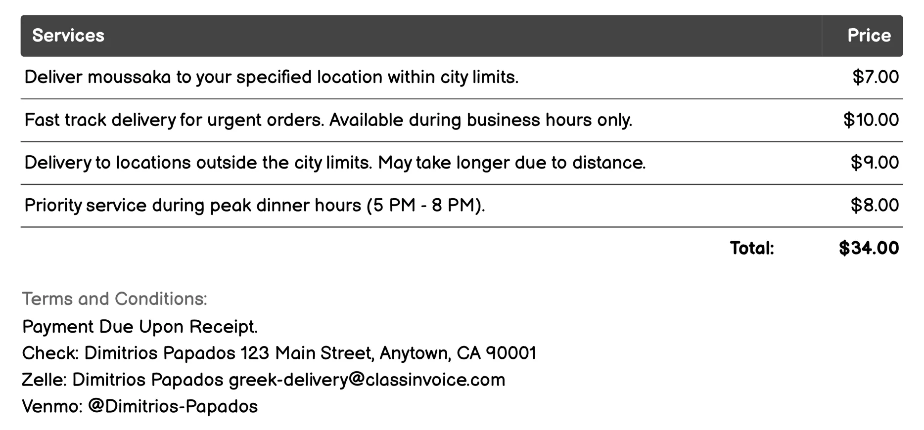 Moussaka Delivery Invoice Example
