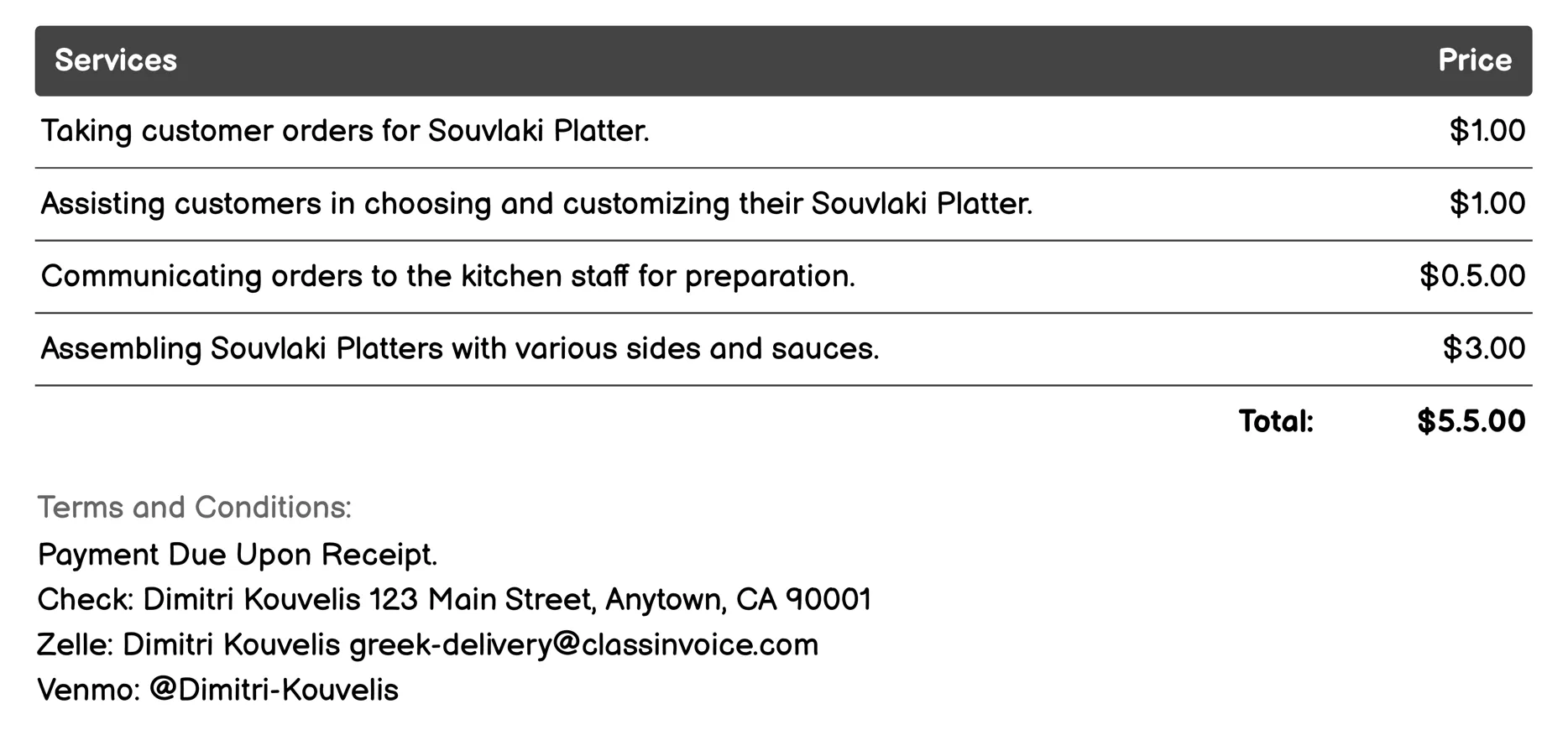 Souvlaki Platter Invoice Example