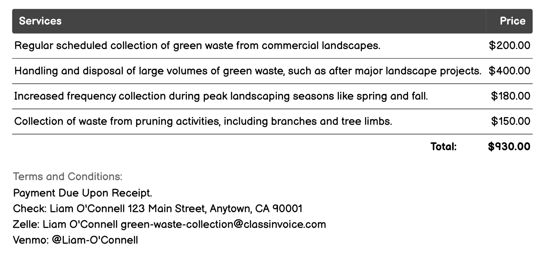 Commercial Landscape Waste Removal Invoice Example