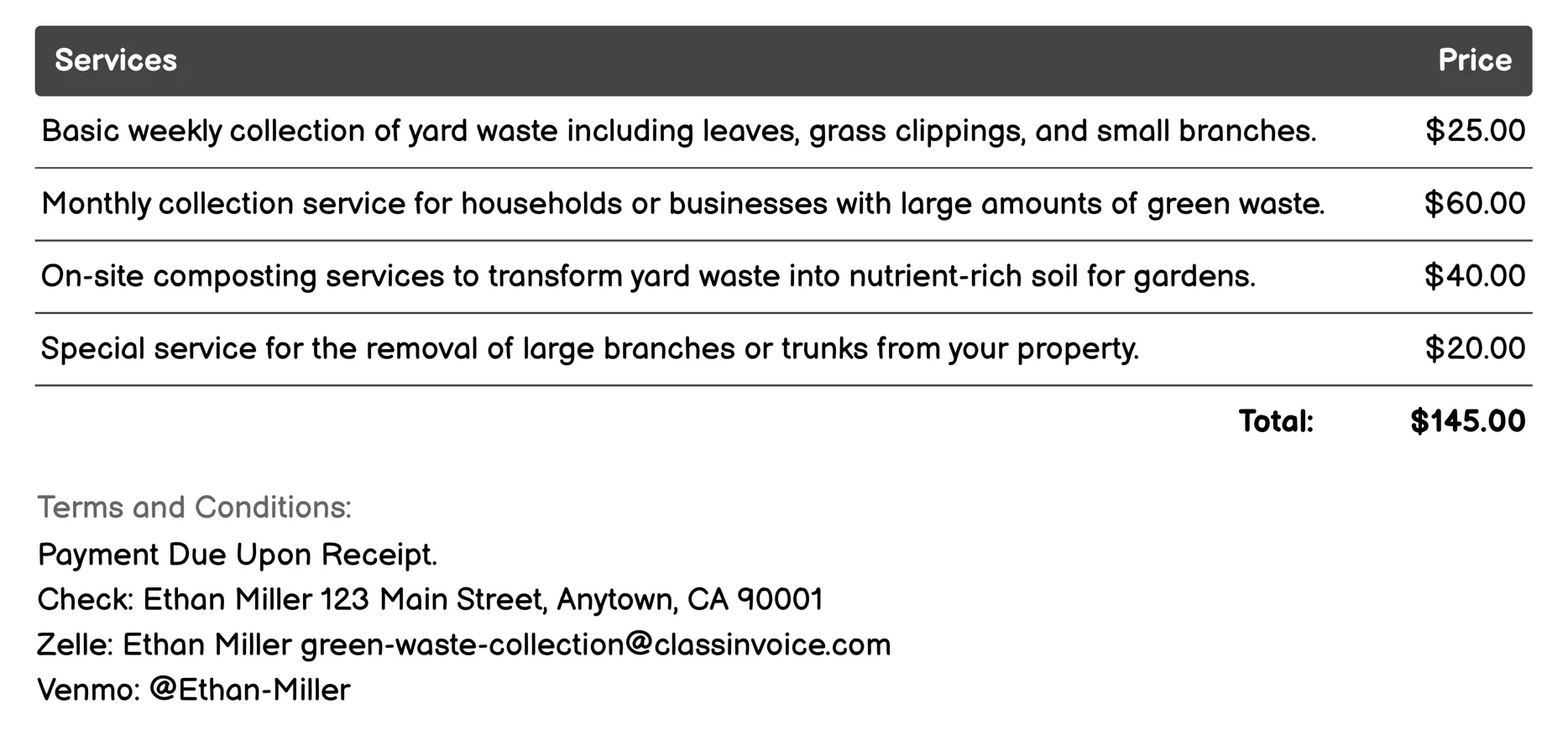 Eco-Friendly Yard Waste Disposal Invoice Example