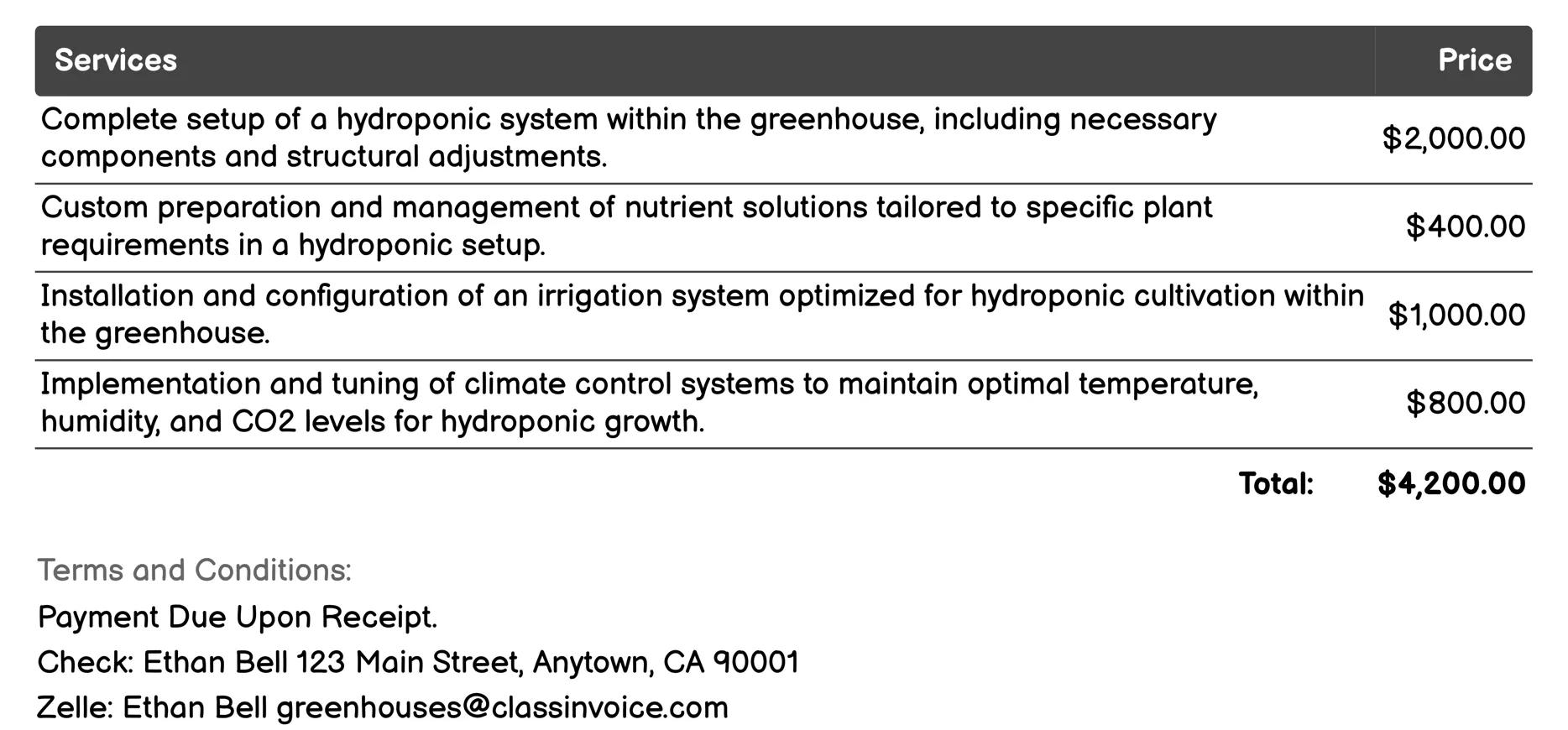 Hydroponic Systems Invoice Example