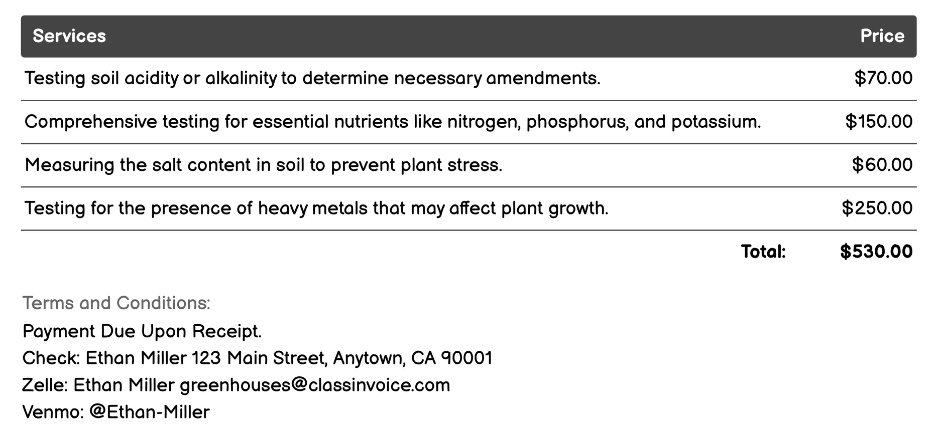 Soil Testing and Amendment Invoice Example