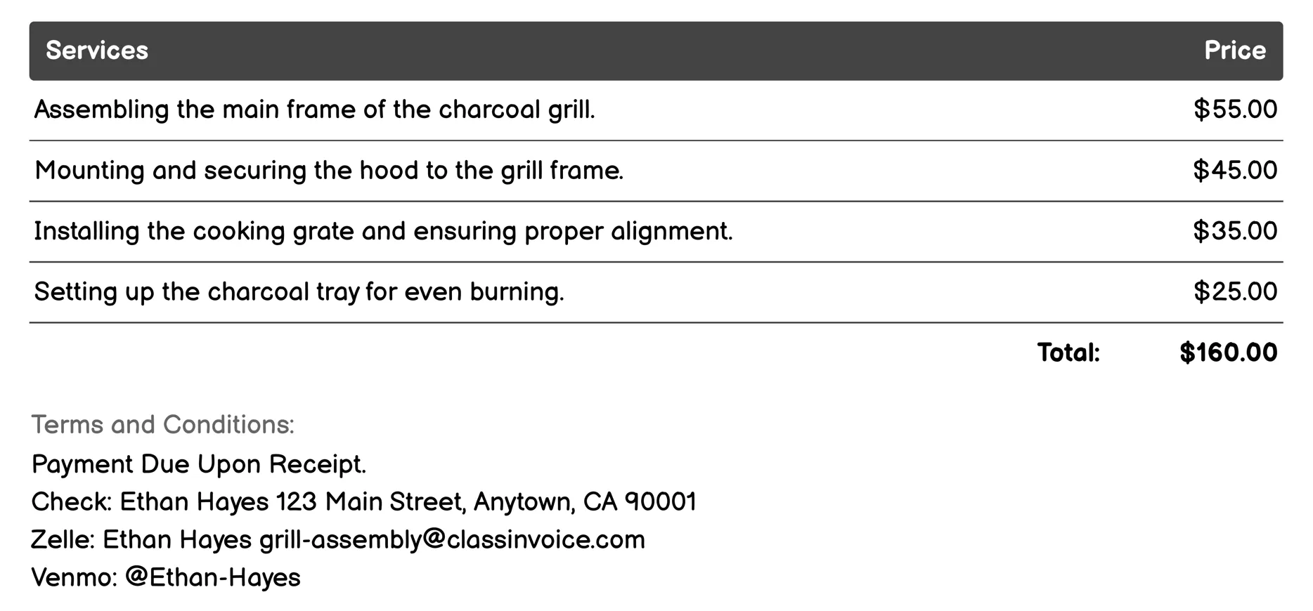 Charcoal Grill Assembly Invoice Example