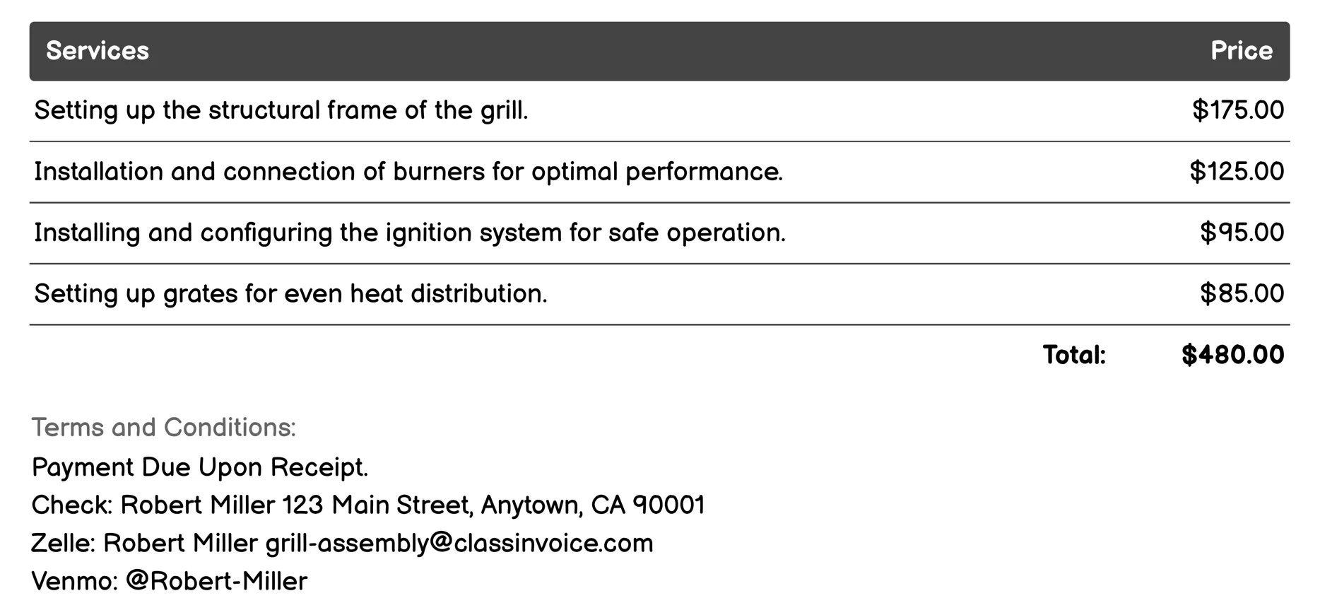 Professional Grill Installation Invoice Example