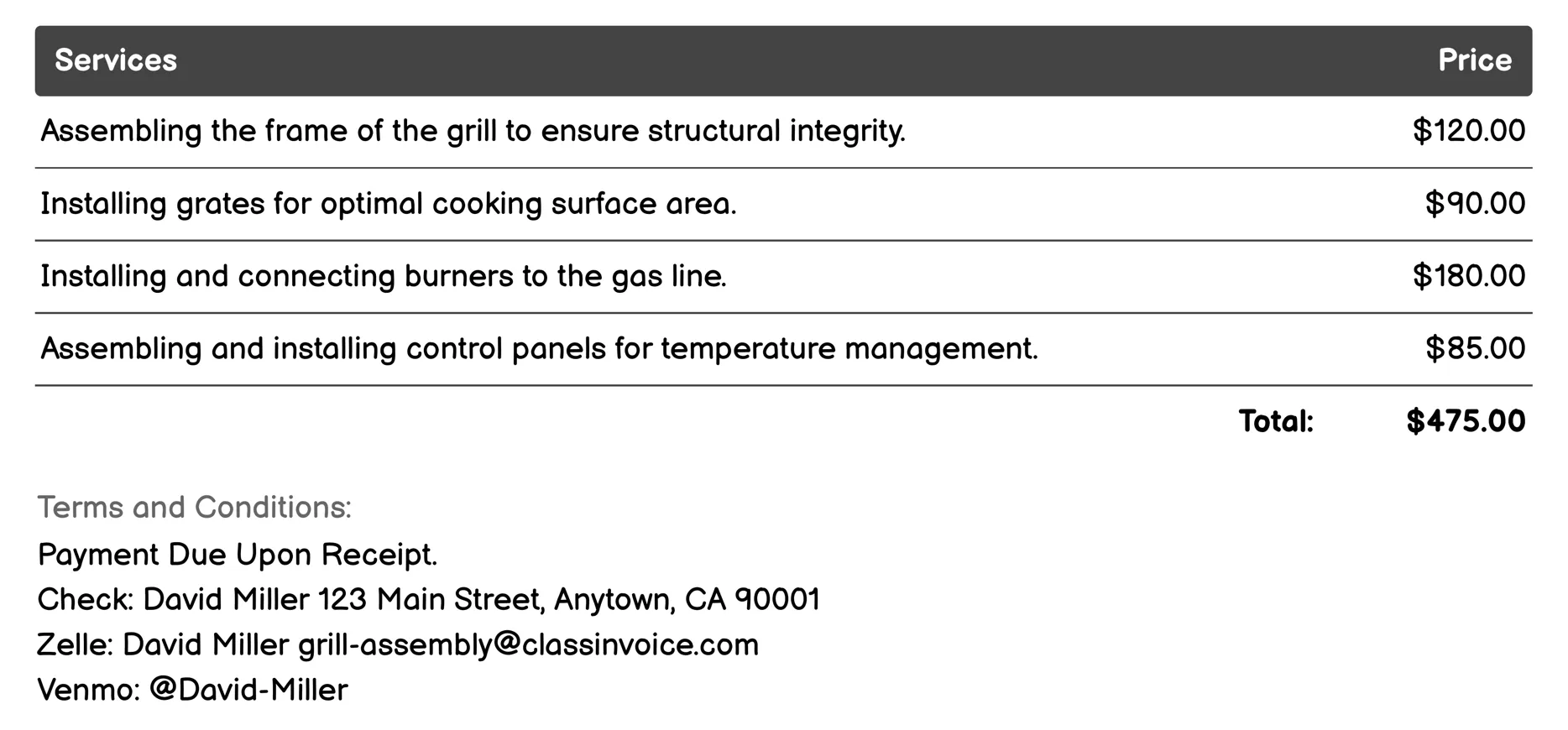 Standard Grill Assembly Invoice Example