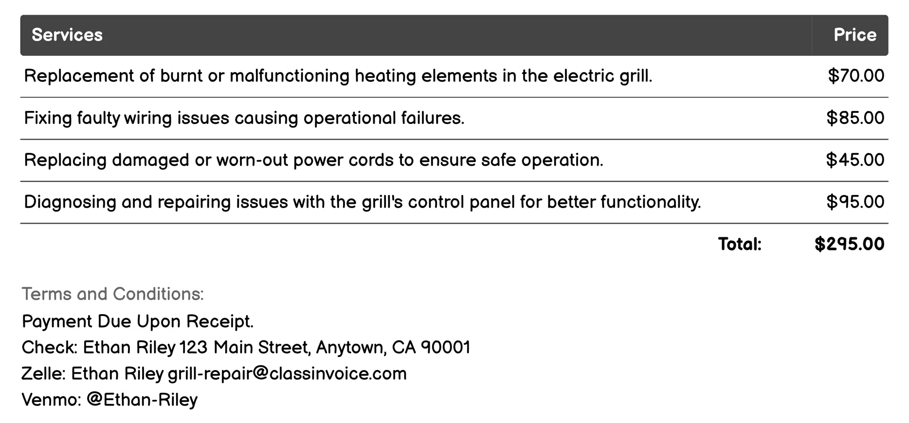 Electric Grill Repair Invoice Example