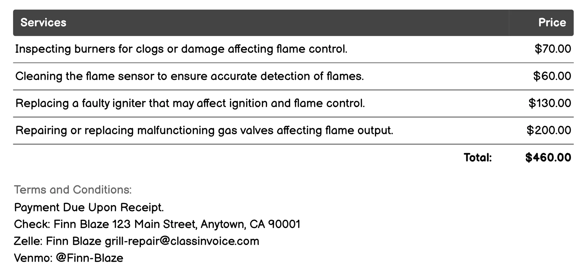 Flame Control Adjustment Invoice Example