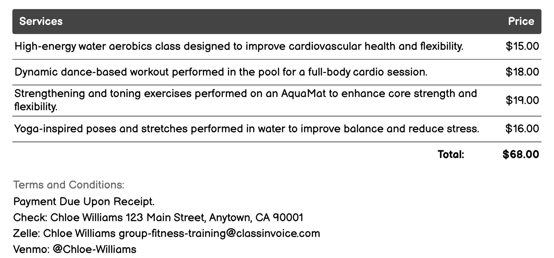 Aqua Fitness Invoice Example