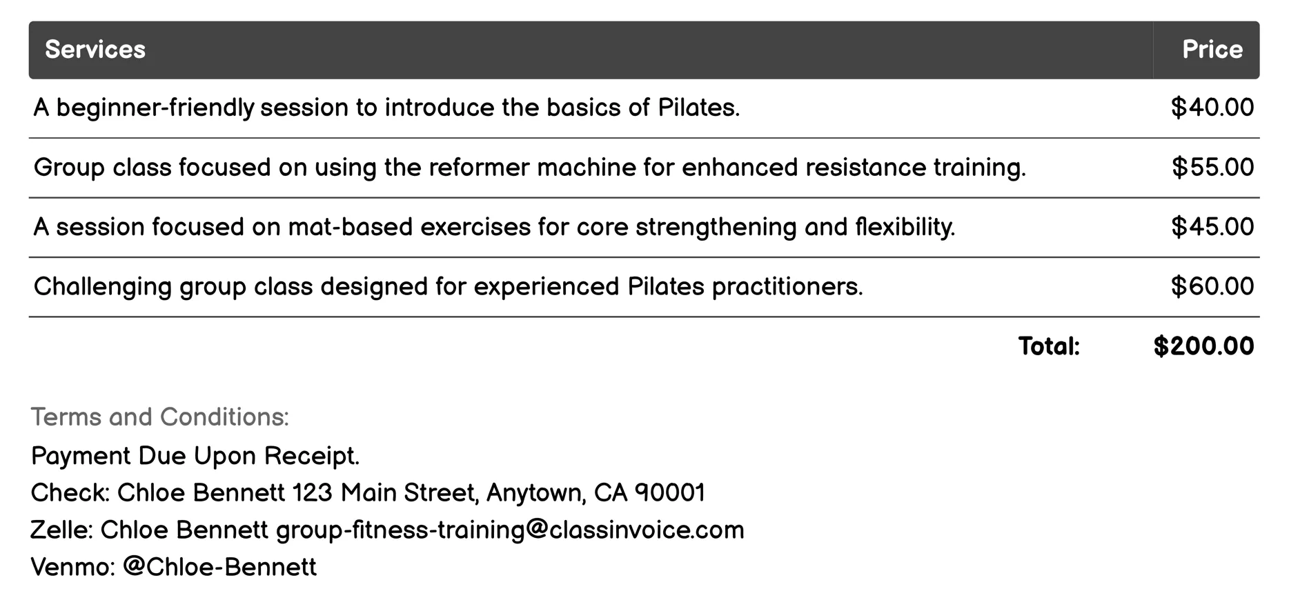 Pilates Sessions Invoice Example