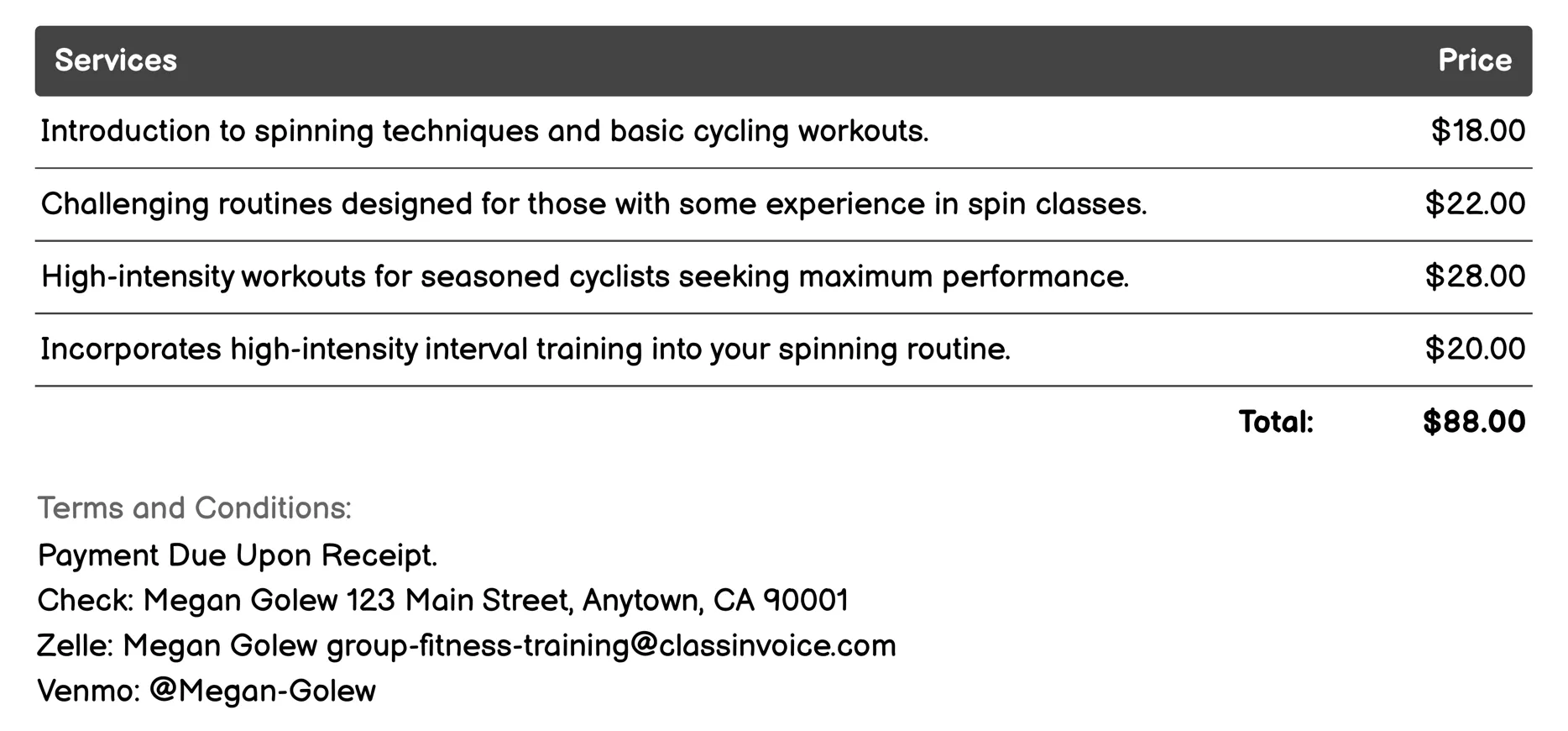 Spin Classes Invoice Example