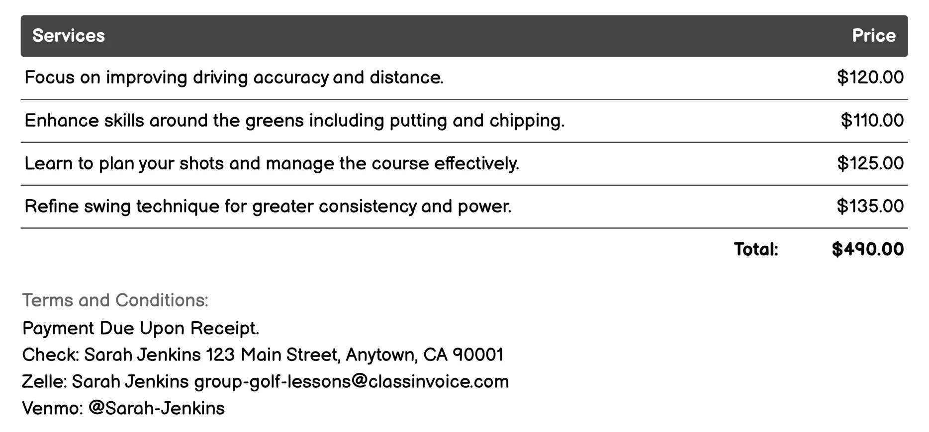 Advanced Group Lessons Invoice Example