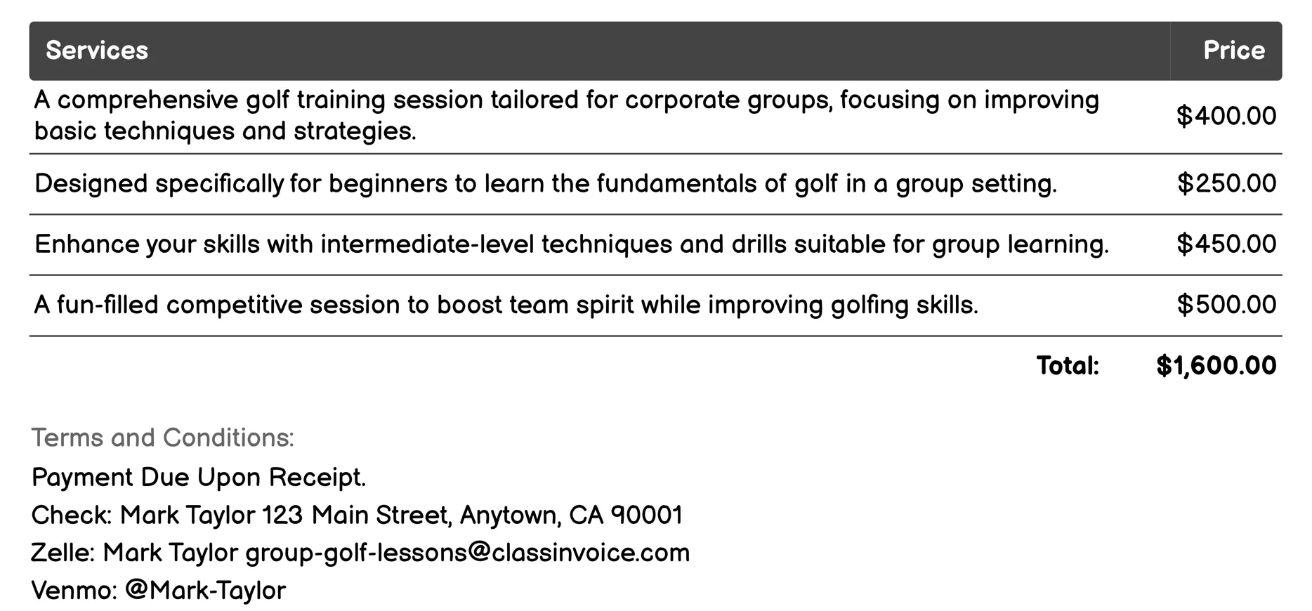 Corporate Group Lessons Invoice Example