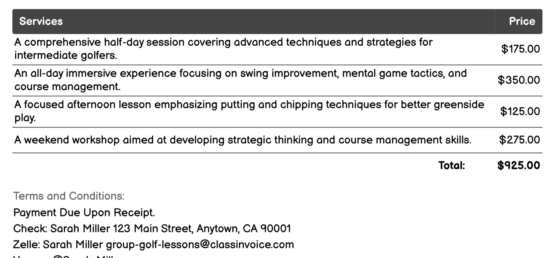 Intermediate Group Lessons Invoice Example