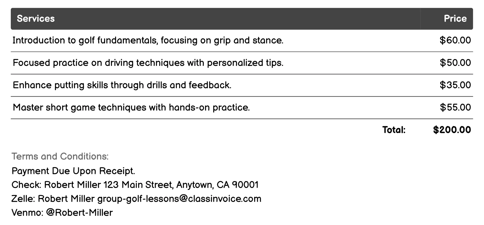 Senior Group Lessons Invoice Example