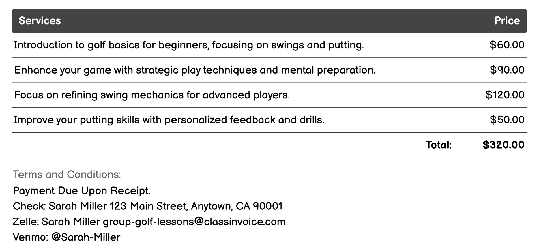 Social Group Lessons Invoice Example