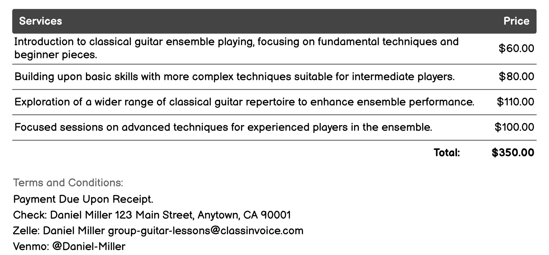 Classical Guitar Ensemble Invoice Example