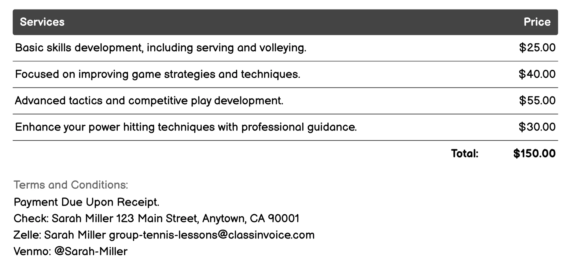Adult Recreational Classes Invoice Example