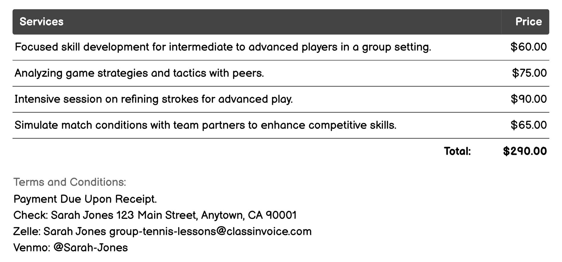 Advanced Group Coaching Invoice Example
