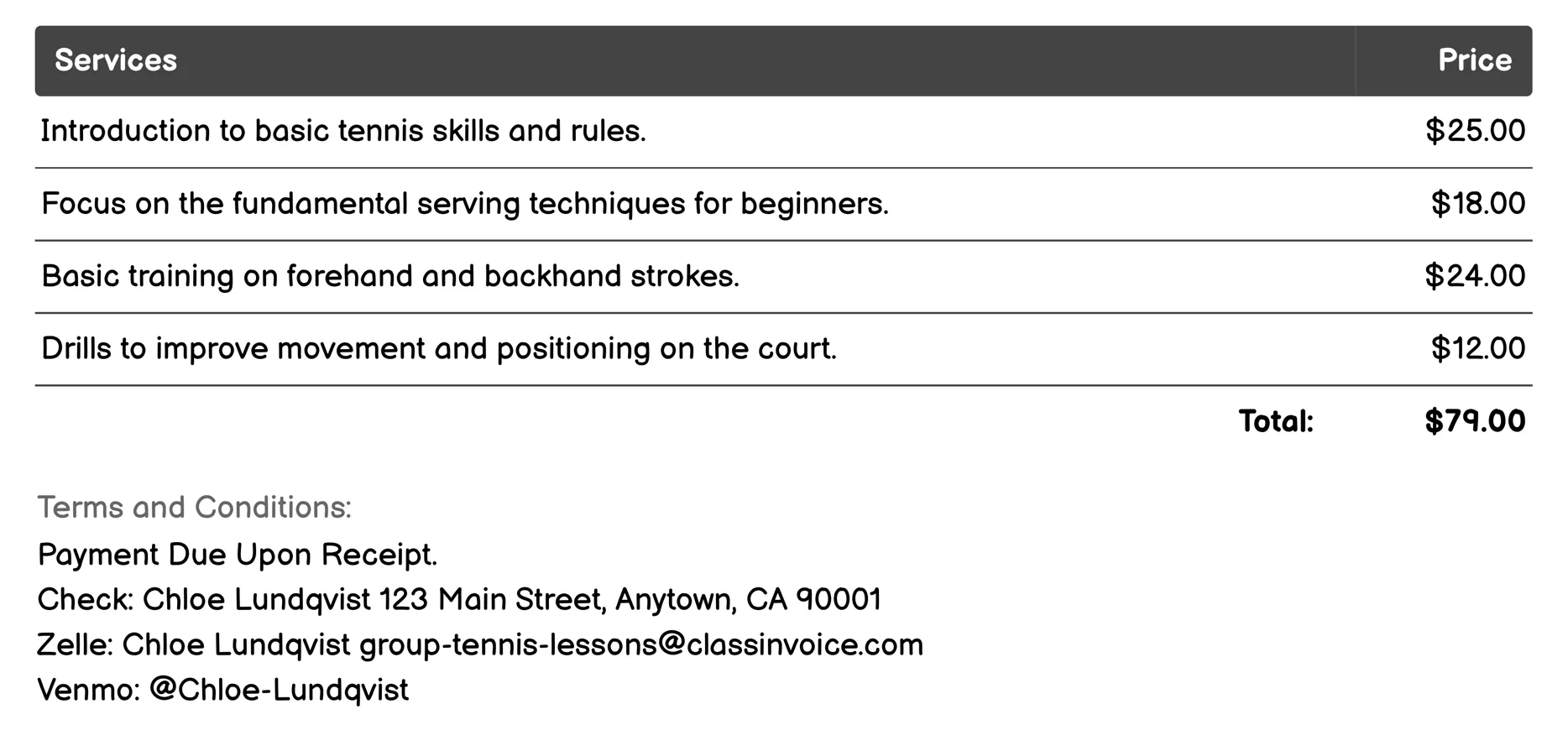 Beginner Group Classes Invoice Example