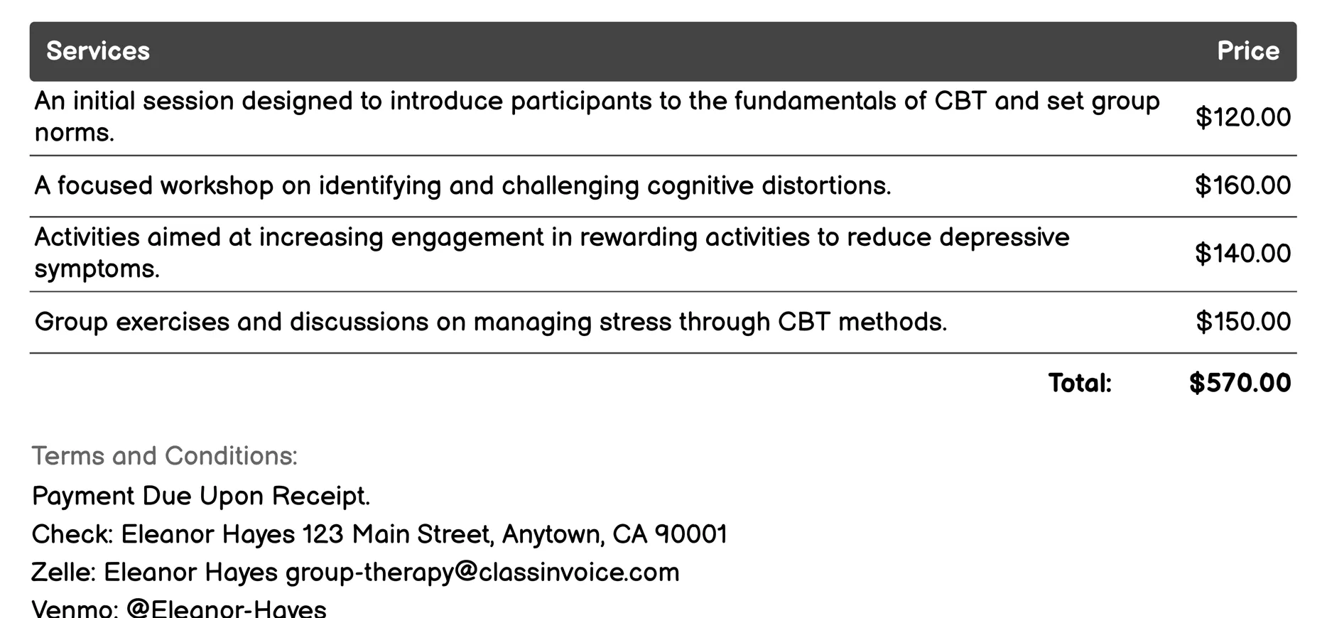 Cognitive Behavioral Group Therapy Invoice Example