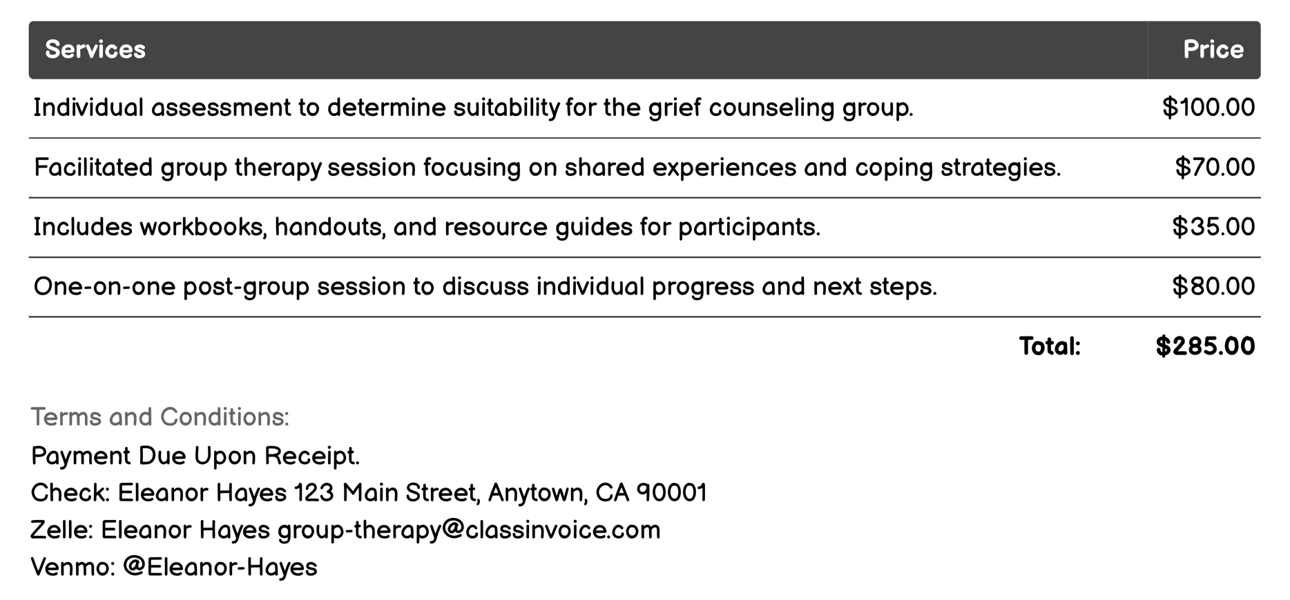 Grief Counseling Groups Invoice Example