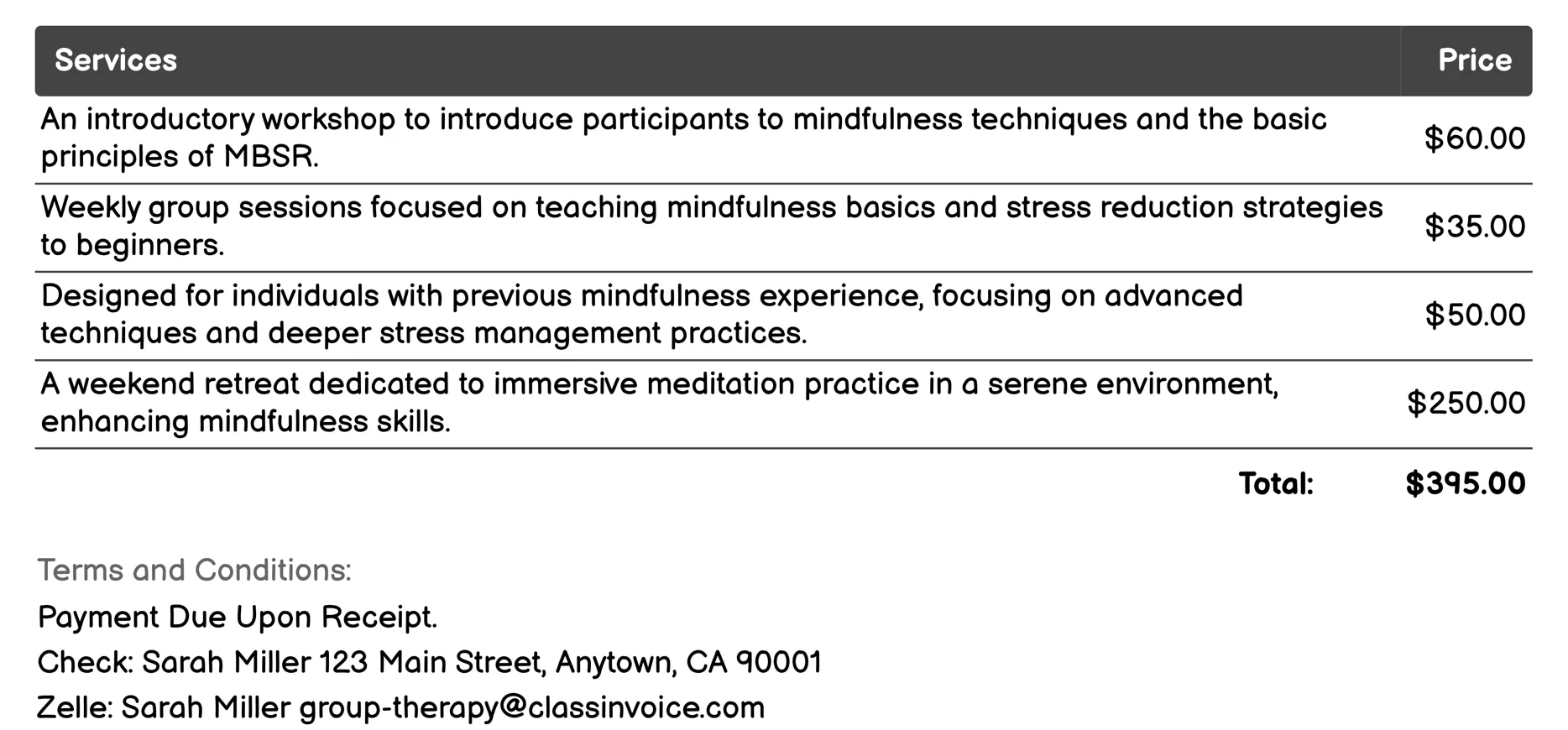 Mindfulness-Based Stress Reduction Groups Invoice Example