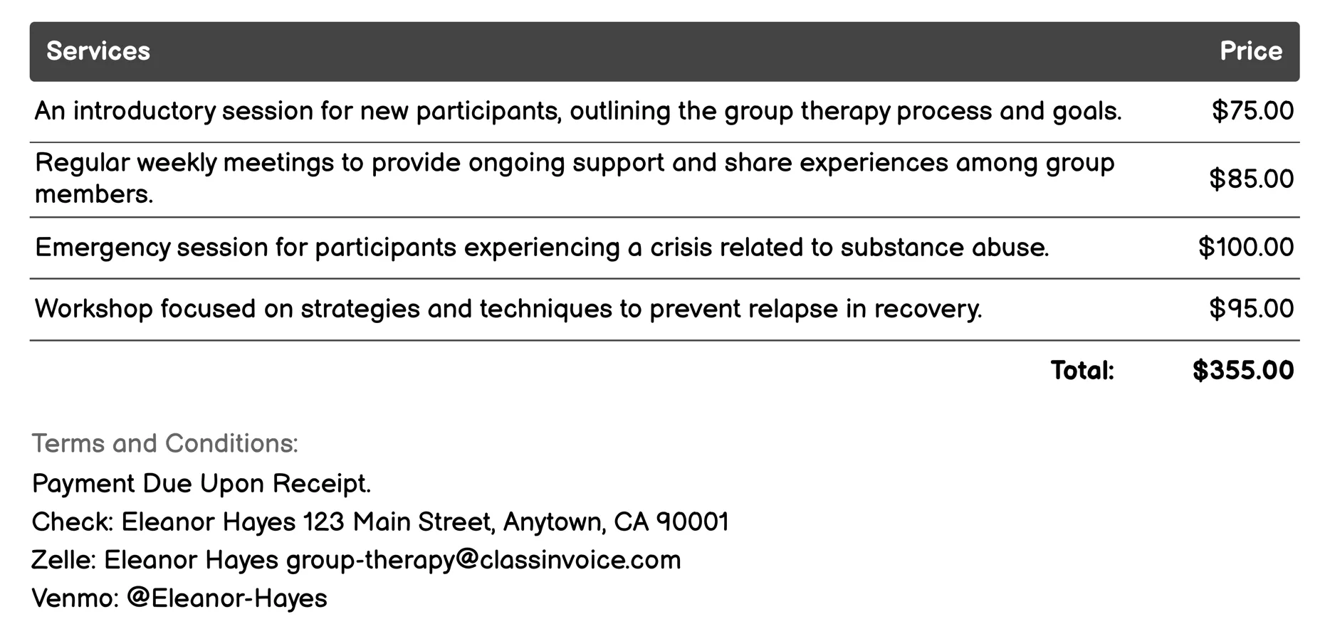 Substance Abuse Therapy Groups Invoice Example