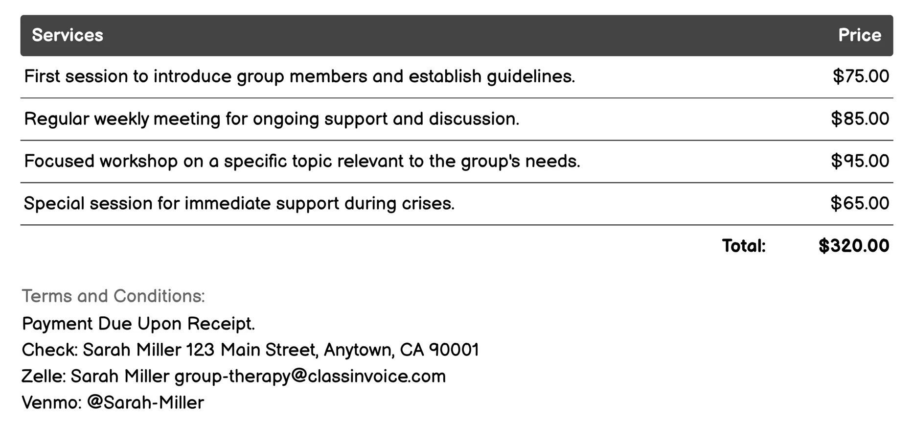 Support Groups Invoice Example