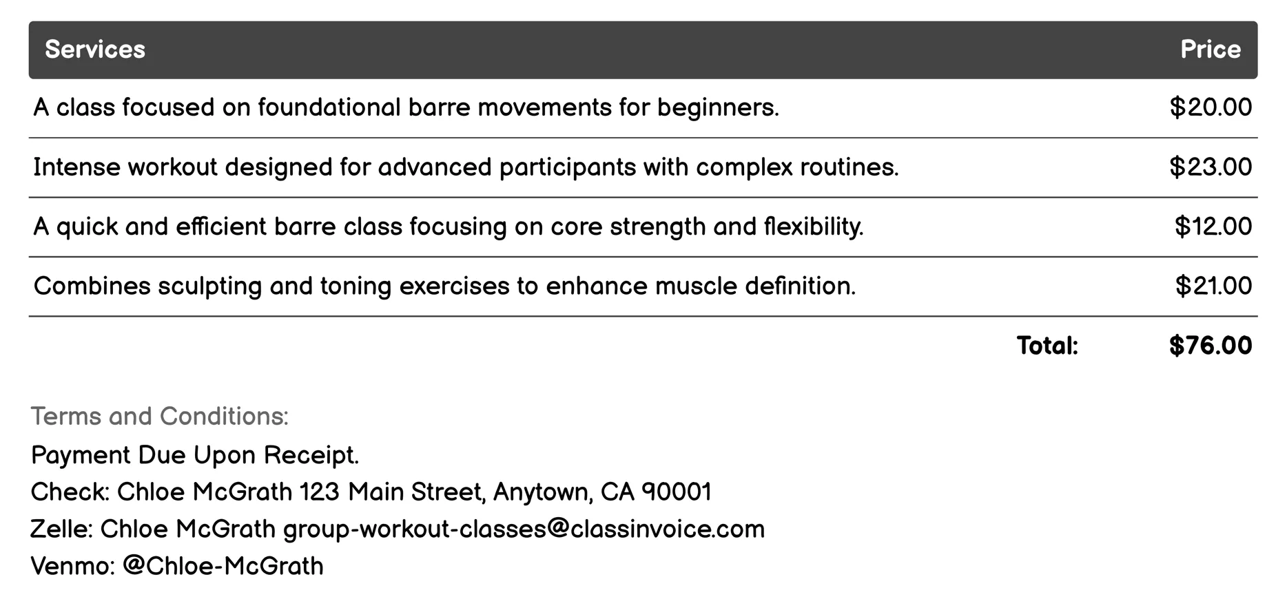 Barre Class Invoice Example