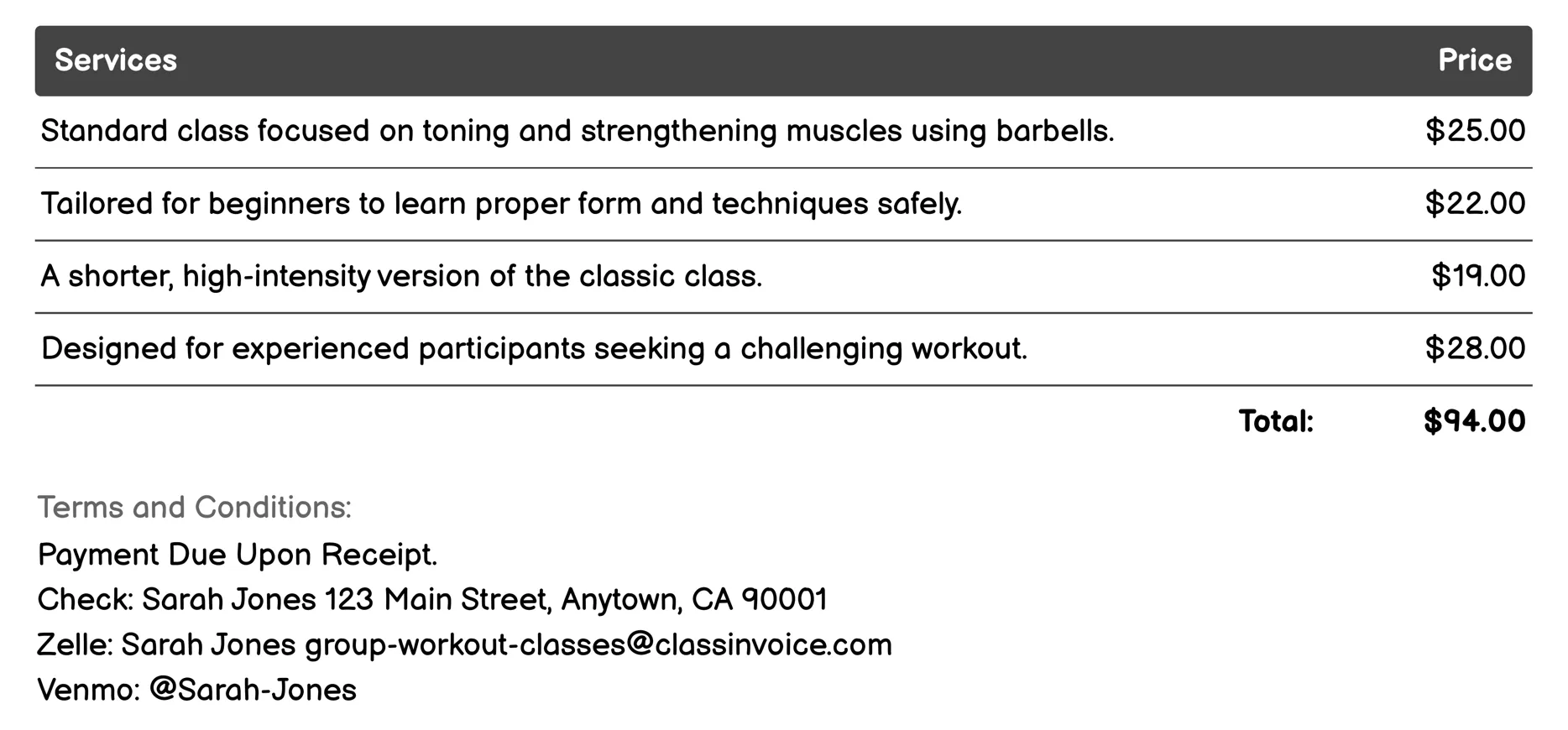 BodyPump Class Invoice Example
