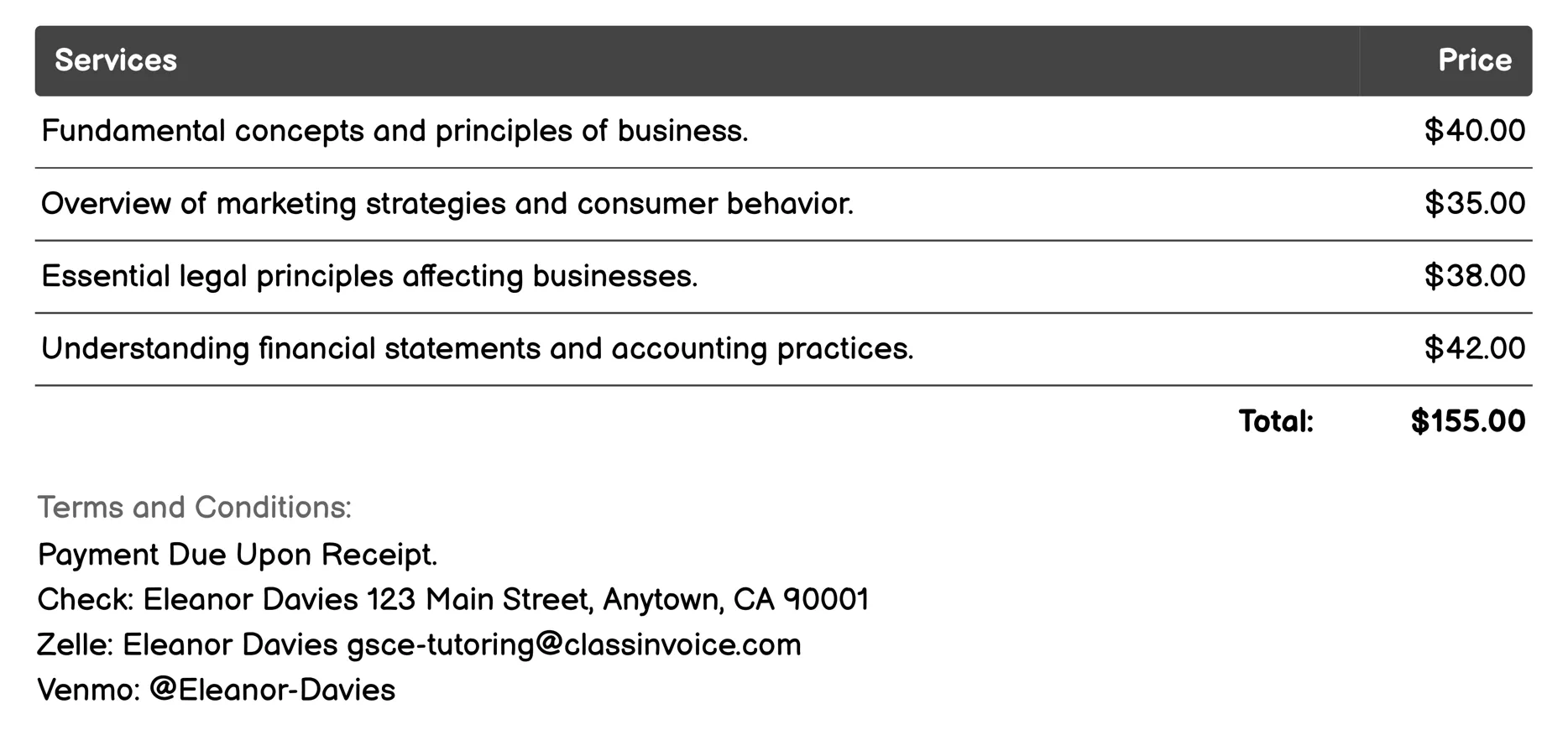 Business Studies Tutoring Invoice Example