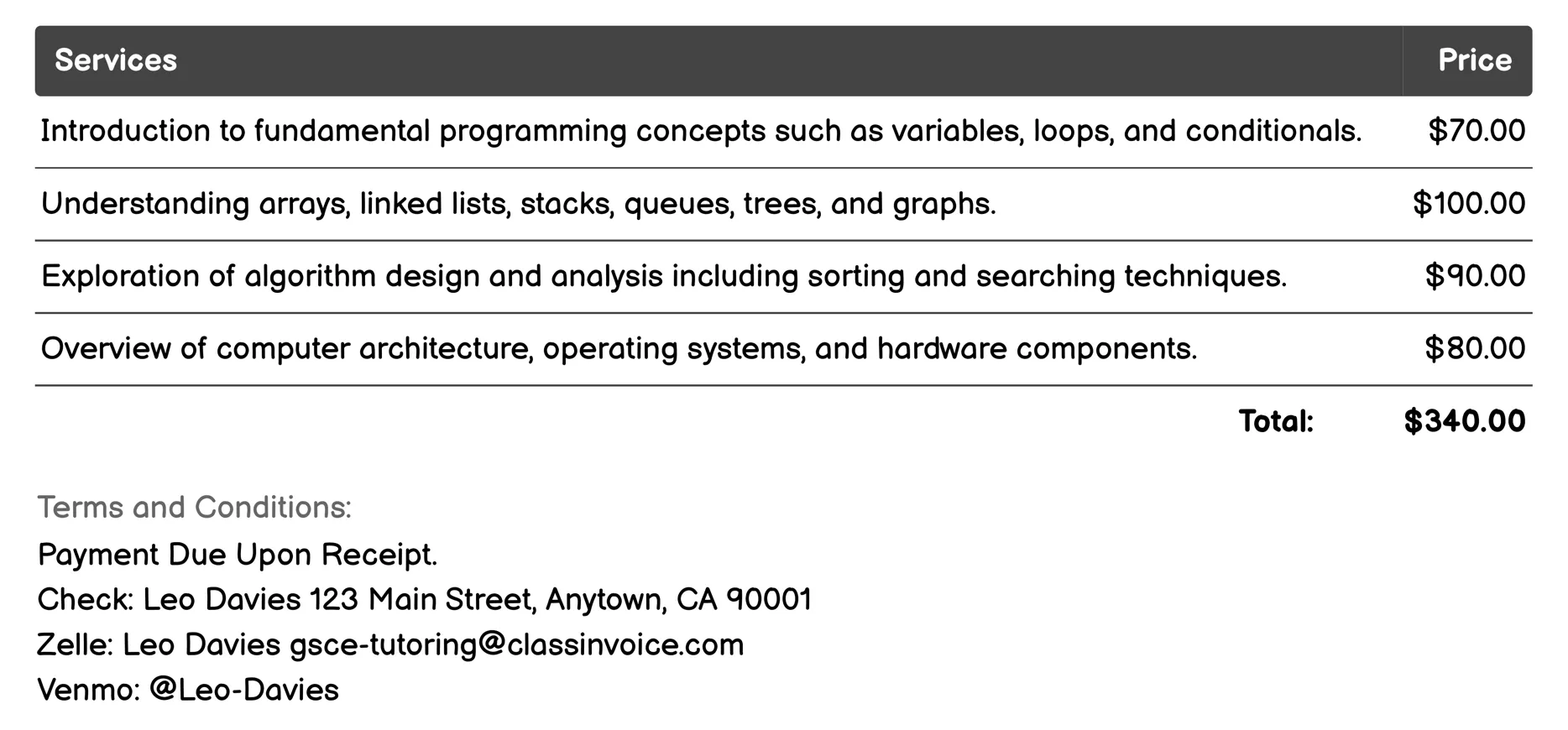 Computer Science Tutoring Invoice Example